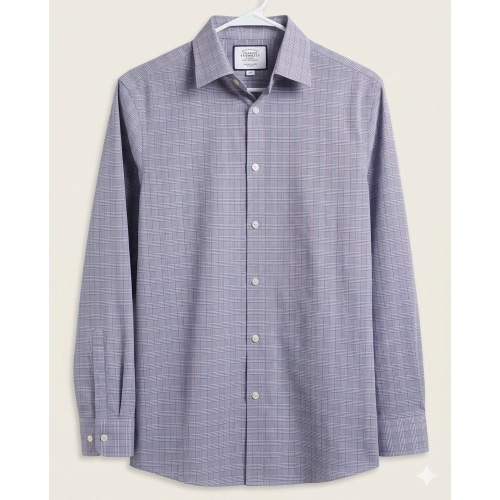 Charles Tyrwhitt Shirt Mens 15.5 33 Blue Red Plaid Super Slim Fit Non-Iron